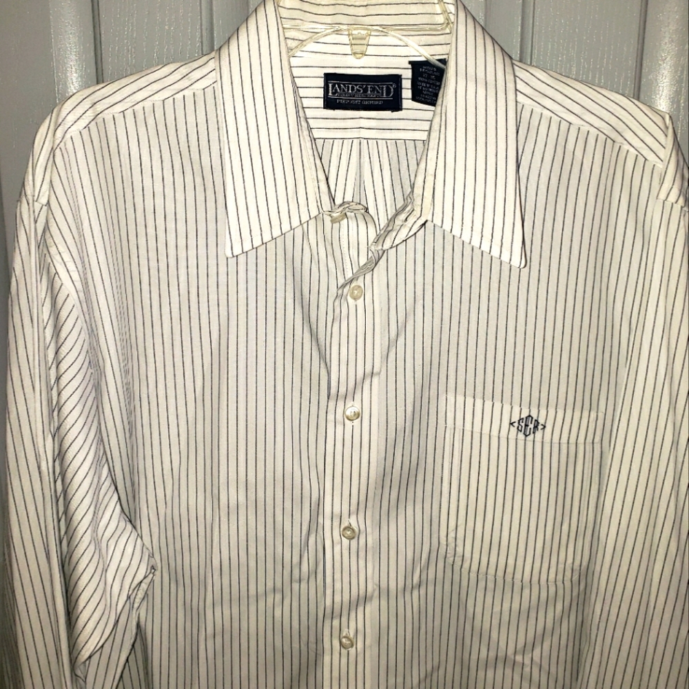 Lands' End Mens Long Sleeved, Striped, Button Front Shirt